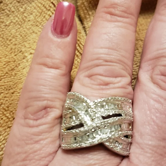 Sz 10, White Diamond Crossover Ring, 925 Silver/w Platinum, 0.48 carats, NWT - Picture 4 of 9